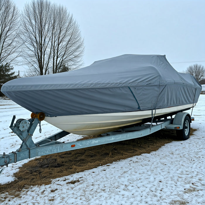 A boat covered in a gray canvas cover is parked on a trailer in a snowy field.