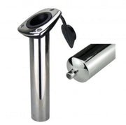 A stainless steel Reelax rod holder with a black rubber cap and a 30-degree angle.