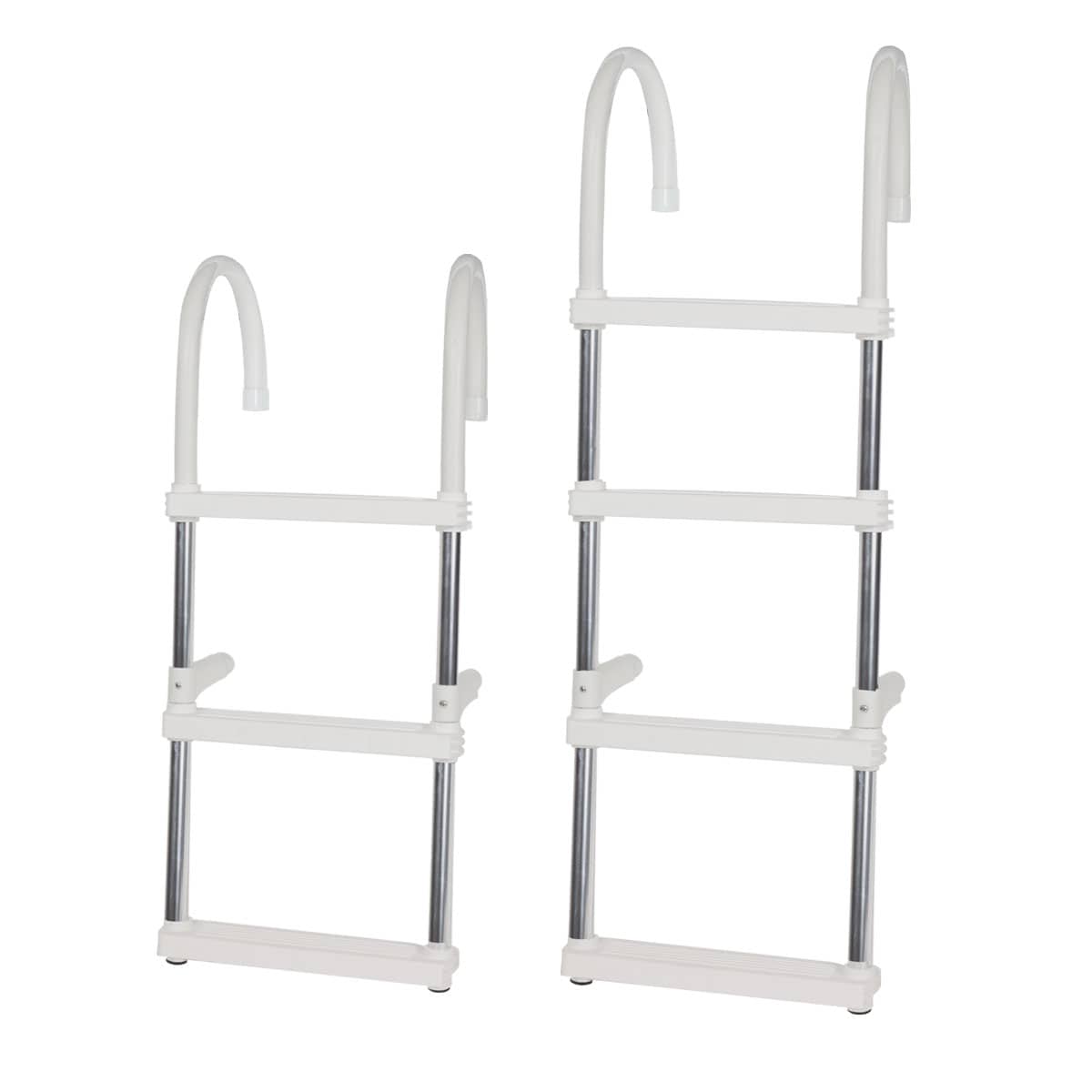 Images shows two white, three-step & four-step Oceansouth boat ladders made of stainless steel with stainless steel grab handles.