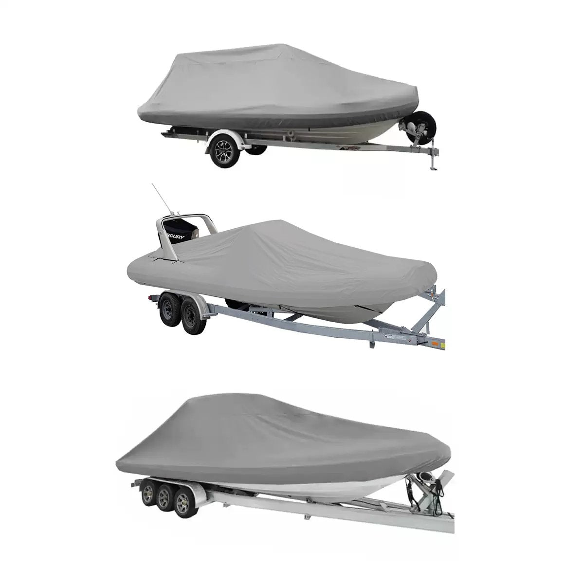 Image of 3 inflatable RIB Tender Boats on Trailers with Oceansouth Grey Covers on them.