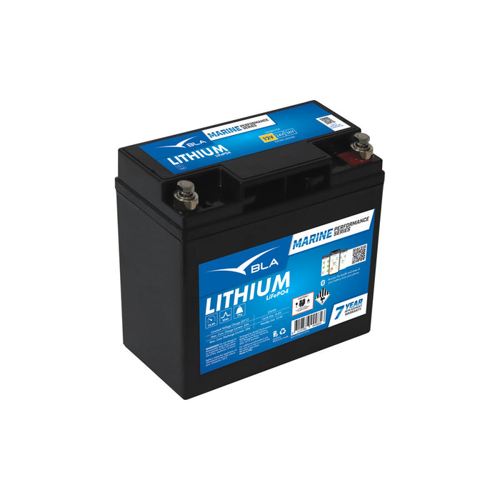 Black BLA Marine Performance Series Lithium battery, 12V 20Ah, with Bluetooth connectivity. This battery is designed for marine applications and offers a long lifespan, high discharge rates, and a lightweight design. It's ideal for powering various marine electronics and accessories.