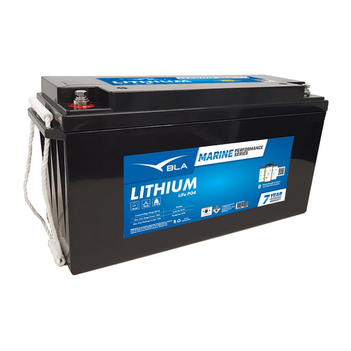 A black lithium-ion battery with the label "BLA MARINE PERFORMANCE SERIES" and a blue stripe. The battery has two large terminals on top and a smaller terminal on the side. The label also indicates "LITHIUM LiFePO4" and a 7-year warranty. The battery has two handles on the sides for easy lifting.