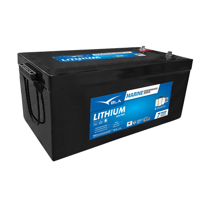 A black lithium-ion battery with the label "BLA MARINE PERFORMANCE SERIES" and a blue stripe. The battery has two large terminals on top and a smaller terminal on the side. The label also indicates "LITHIUM LiFePO4" and a 7-year warranty. The battery has two handles on the sides for easy lifting.