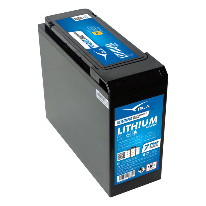 Black BLA Marine Performance Series Lithium battery, shown from a side view. It's a LiFePO4 battery with a 7-year warranty. Key features include: Marine performance, lithium technology, Bluetooth connectivity, and a compact design.