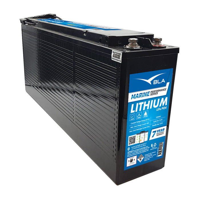 Black BLA Marine Performance Series Lithium battery, shown from a side view. It's a LiFePO4 battery with a 7-year warranty. Key features include: Marine performance, lithium technology, Bluetooth connectivity, and a compact design.