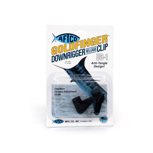 Image of a super lightweight AFTCO Goldfinger Downrigger Release Clip DC1 with a numbered and graduated adjustment slider, large diameter stainless steel wire bail, and composite and stainless steel construction.