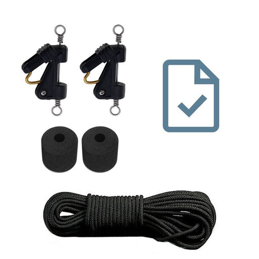 Image of the AFTCO Outrigger Rigging Kit – Goldfinger OC1 (pr) containing two 20-meter cords, two AFTCO OC1 Goldfinger release clips with numbered sliders, two EVA stoppers, and installation instructions.