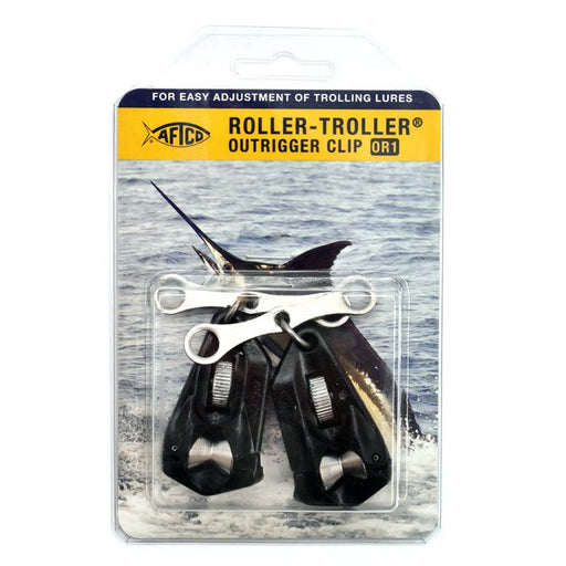 Image of two AFTCO Clip Roller Trollers OR1 outrigger release clips. Each clip features a smooth-rolling line guide, micro-tension adjustment knob, and precision release latch. Clips are constructed from stainless steel and composite for durability in saltwater environments.