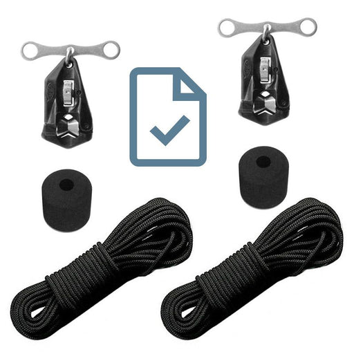 Image of Aftco Outrigger Rigging Kit components laid out, including cord, release clips and stoppers.
