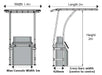 A technical drawing showing the dimensions of a boat T-top canopy. The drawing includes a top view and a side view of the canopy, with measurements labeled for width, length, height, and maximum console width.