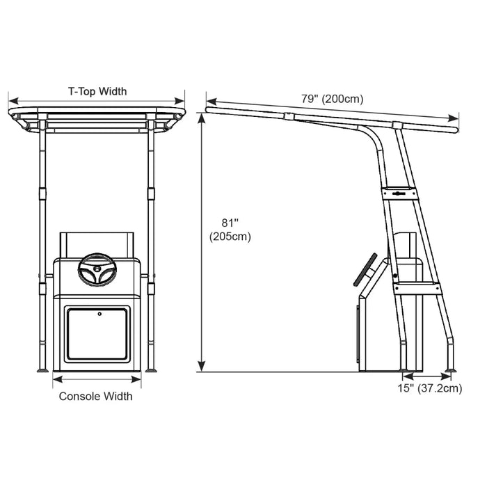 A technical drawing showing the dimensions of a boat T-top. The drawing includes measurements for the T-top width, height, and console width.