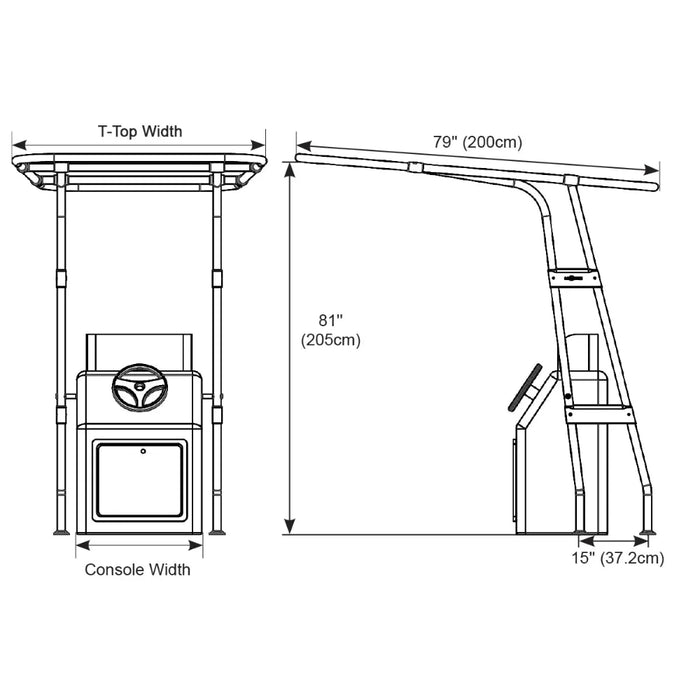 A technical drawing showing the dimensions of a boat T-top. The drawing includes measurements for the T-top width, height, and console width.