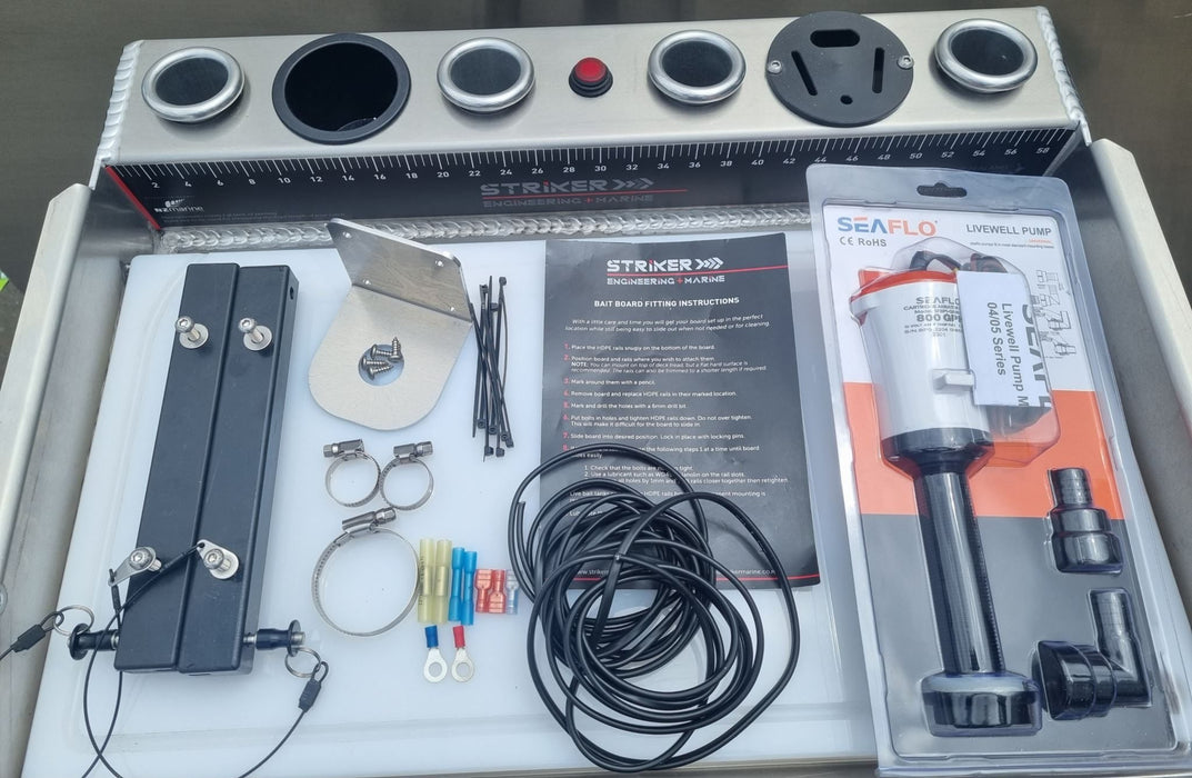  comprehensive marine bait station package featuring a livewell pump, bait board, cutting board, clamps, wiring, and other essential accessories for fishing.