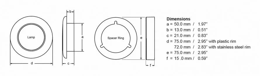 Diagram and dimensions of the Hella Marine LED Round Courtesy Lamps - Blue