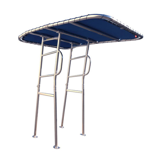 A folding marine T-top with a blue canvas roof, designed for easy storage and protection from the sun and rain