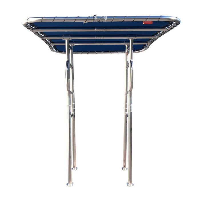 A front view of the Fishmaster Original Folding T-Top, highlighting the sturdy stainless steel frame and the blue canvas roof.