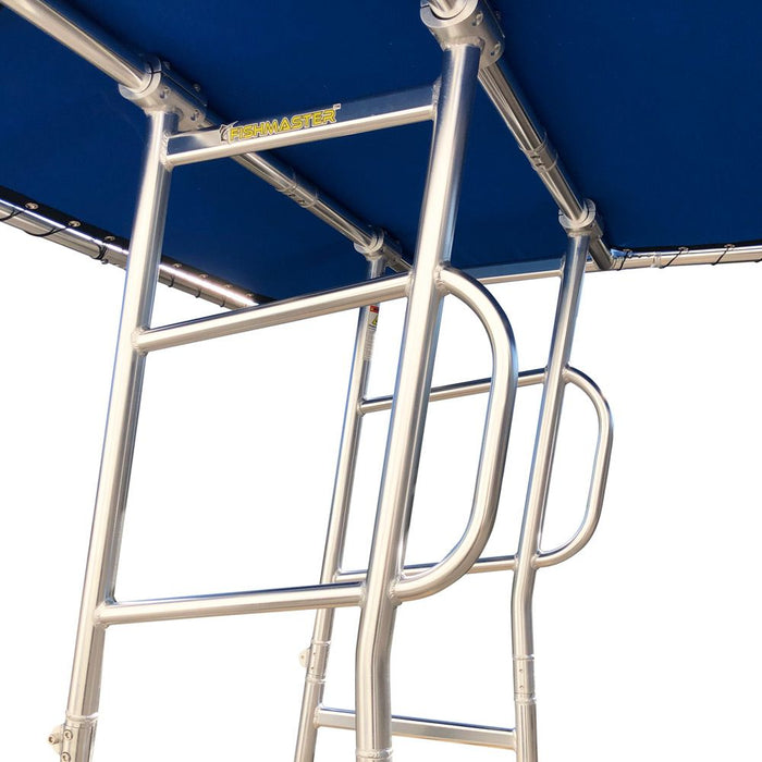 A close-up of the Fishmaster Original Folding T-Top, showcasing the sturdy aluminum frame with integrated grab rails for safety and support.