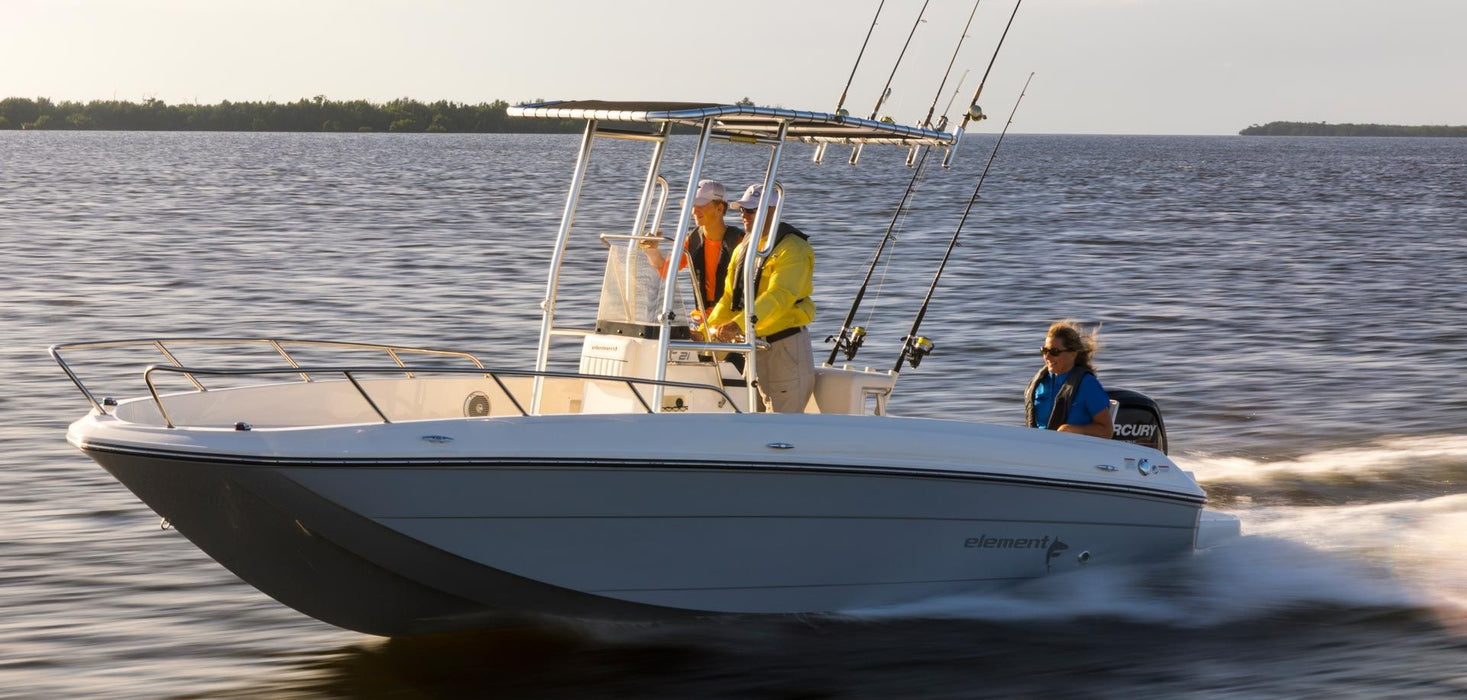 A Bayliner Element F21 boat equipped with a Fishmaster T-top made of marine canvas. The boat is speeding through calm water with three people on board. This boat accessory provides shade and protection for the occupants.