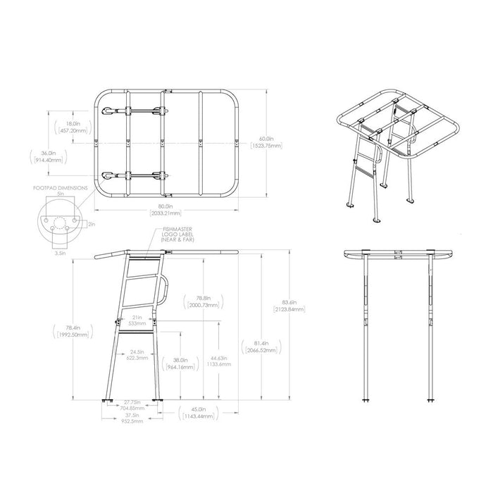 A technical drawing of the Fishmaster T-top, showing the dimensions and measurements of the frame and footpad. The drawing includes labels for various components and the Fishmaster logo.