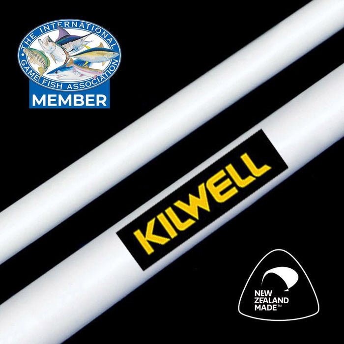 Close up image of 2 Kilwell Outrigger Blanks #38 Series in white, 4.27m length: White 2 pack Kilwell Outrigger Blank #38 Series, 4.27m, 1-piece, stiff construction.