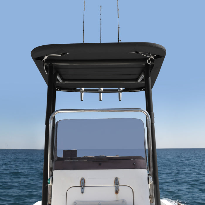 A close-up view of a boat T-top with a black fabric canopy and multiple rod holders. The T-top is mounted on a center console boat with a windshield visible in the background.