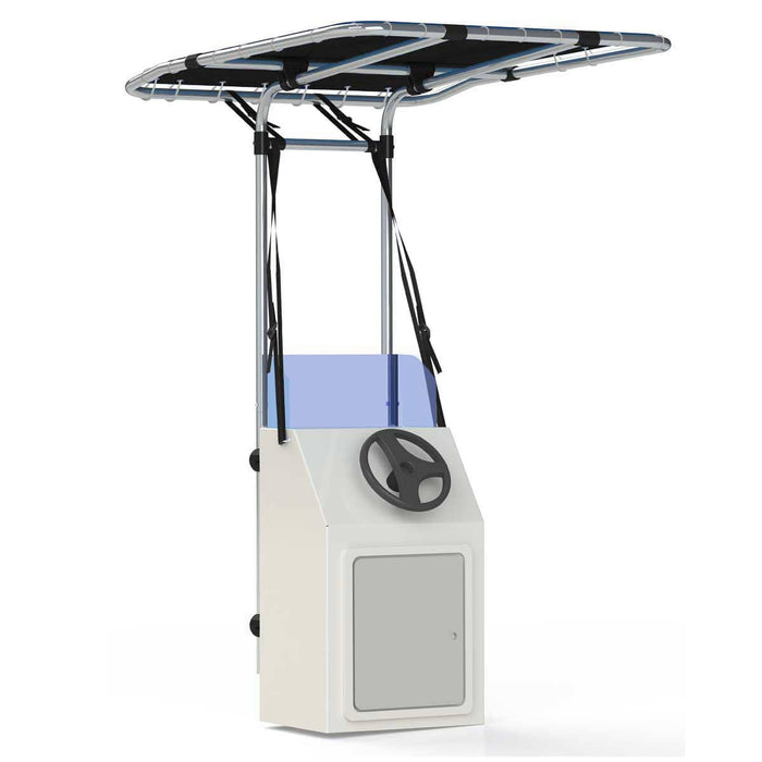 A retractable T-top canopy for a boat, featuring a black fabric top, a silver metal frame, and a built-in console with a steering wheel and storage compartment. The canopy has adjustable height and can be retracted or removed entirely.