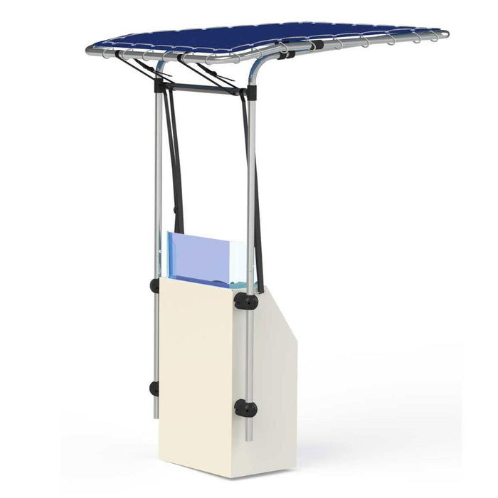 A blue retractable T-top canopy for a boat. The canopy is made of fabric stretched over a metal frame with adjustable height. The frame has a base that attaches to the boat's deck.