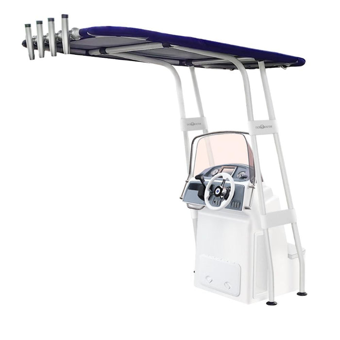 A white center console boat with a blue T-top canopy and multiple rod holders attached to the top. The T-top has a sturdy metal frame and provides shade and protection from the elements.