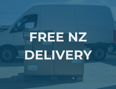 A white delivery van ofr Mount Marine Engnieering with boxes on a pallet in front of it. The text "FREE NZ DELIVERY" is superimposed on the image because they offer free nationwide free shipping including rural addresses.