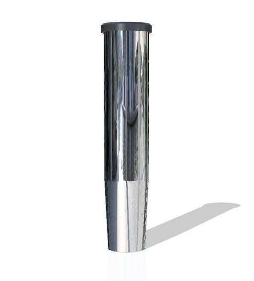 A stainless steel rod holder with a sleek, chrome finish, ideal for use on boats and other marine environments.