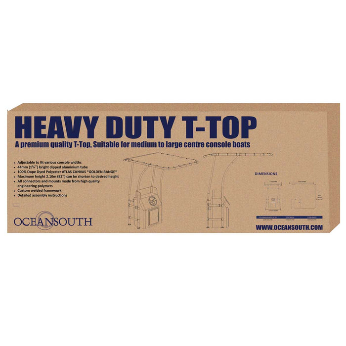 A cardboard box with a blue and white image of a T-top canopy. The text on the box reads "HEAVY DUTY T-TOP" and "OCEANSOUTH" with additional product details like dimensions and materials.