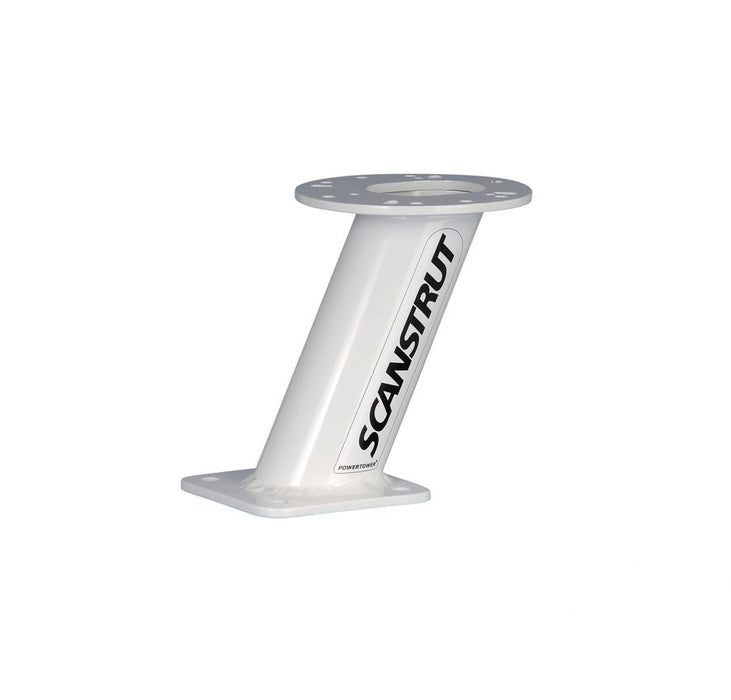 White Scarstrut branded aluminium powder coated power tower for mounting camera on top of boat