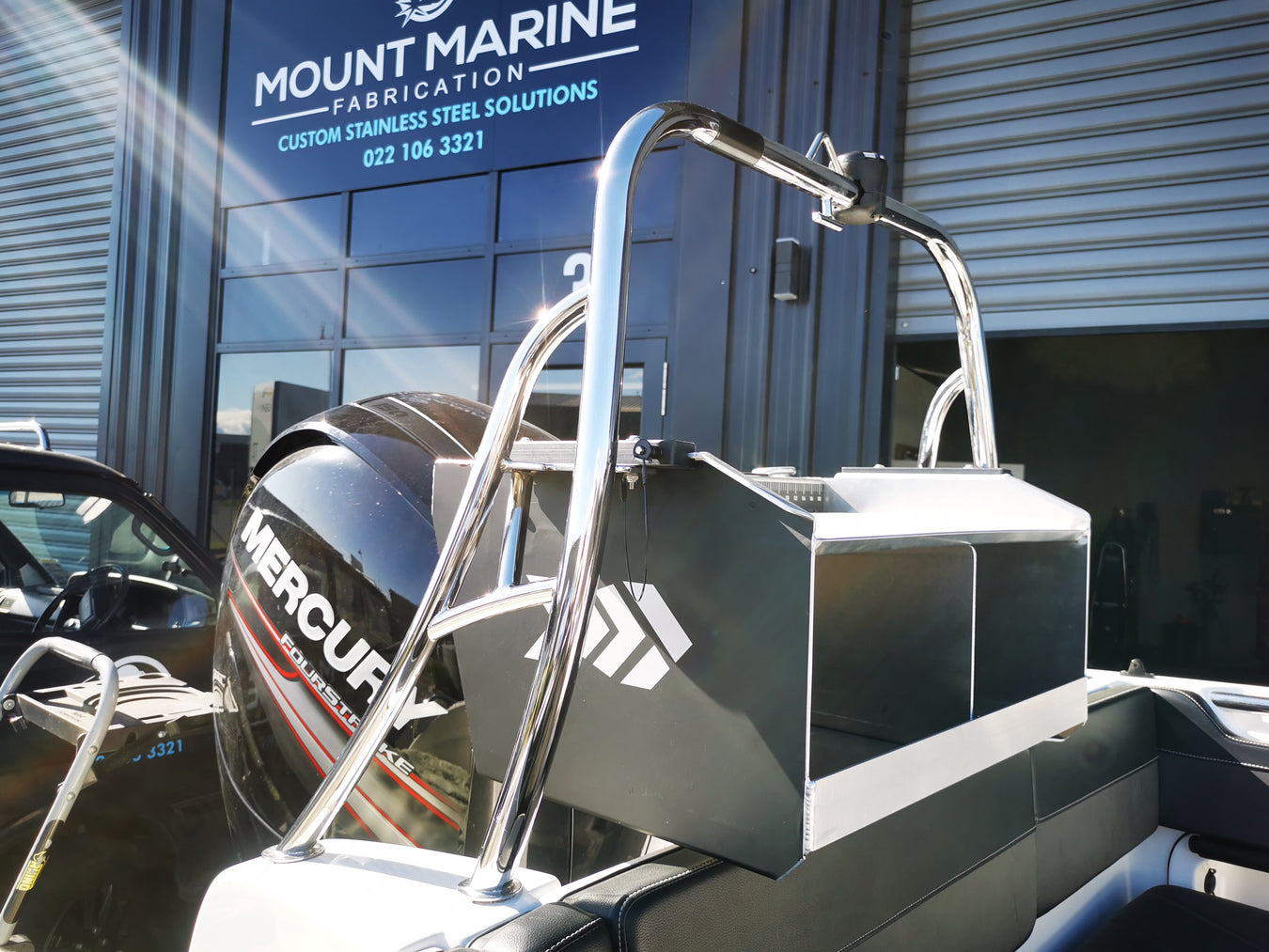 black Aluminium bait board on a boat on display outside mount marine engineering