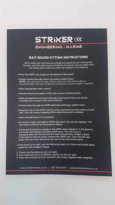 A document containing instructions on how to install a Striker Marine bait board. The instructions include steps on positioning the board, drilling holes, and securing the board to the boat.