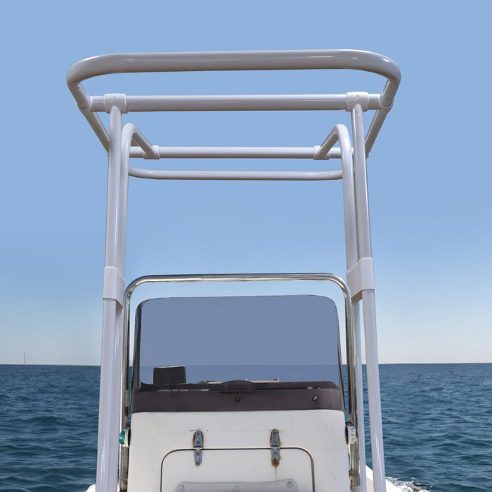 A white metal frame for a boat T-top, showing the support structure without the canvas canopy. The frame is mounted on a center console boat with a windshield visible in the background.