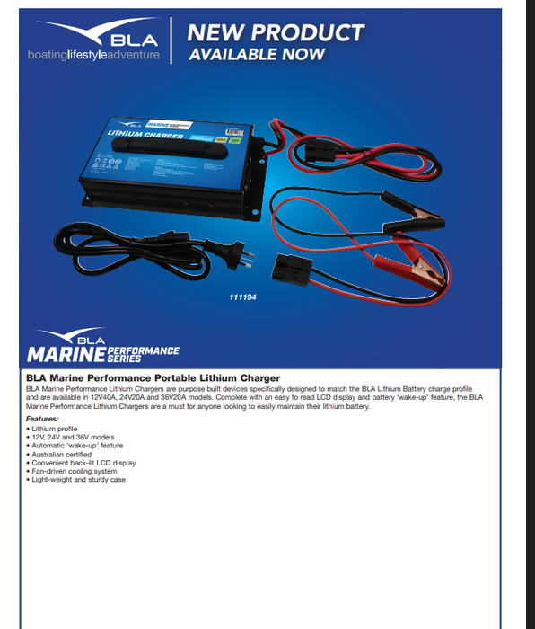 A blue BLA Marine Performance Portable Lithium Charger is shown on a white background. The charger has a black power cord and a green LED indicator light. The text "NEW PRODUCT AVAILABLE NOW" is displayed above the image. The product name and key features are listed below the image.