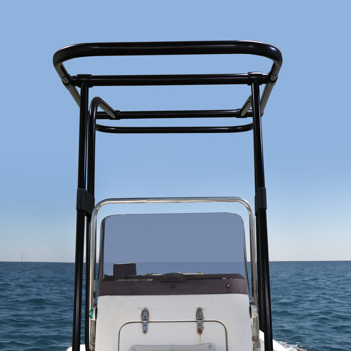 A black metal frame for a boat T-top, showing the support structure without the canvas canopy. The frame is mounted on a center console boat with a windshield visible in the background.